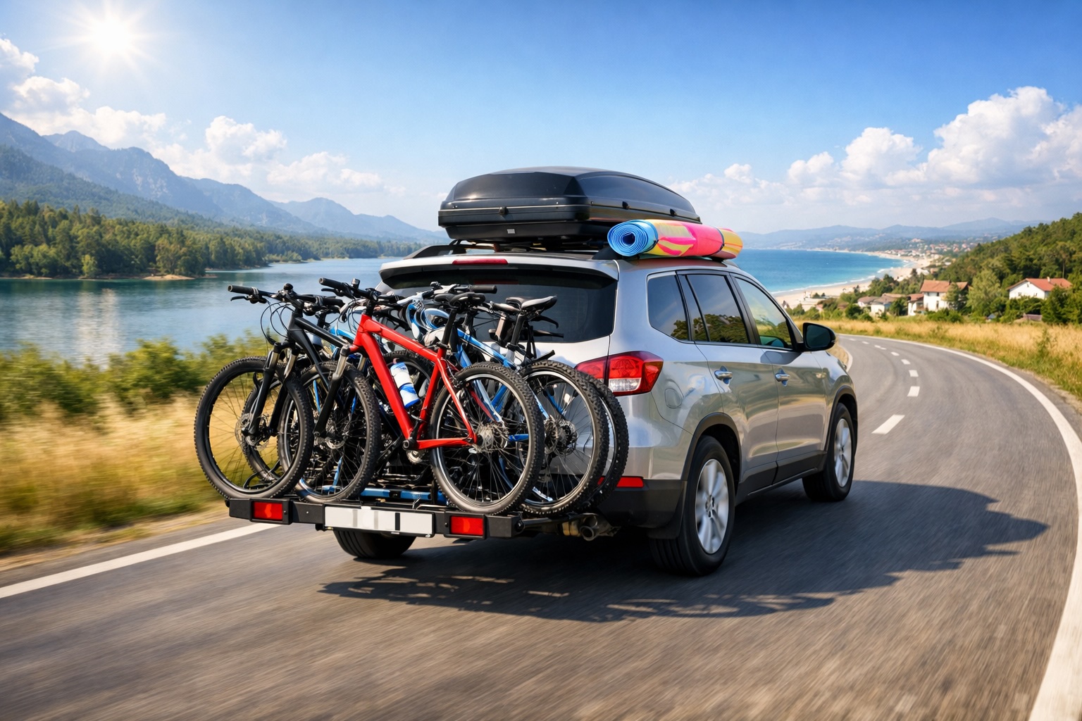 SUV s nosičem kol Thule na tažném zařízení jedoucí po silnici u jezera